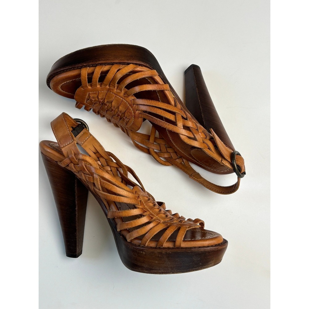 Frye Platform Sandals Tan Leather Womens 8.5 B Woven Huarache Wood Heel 73396